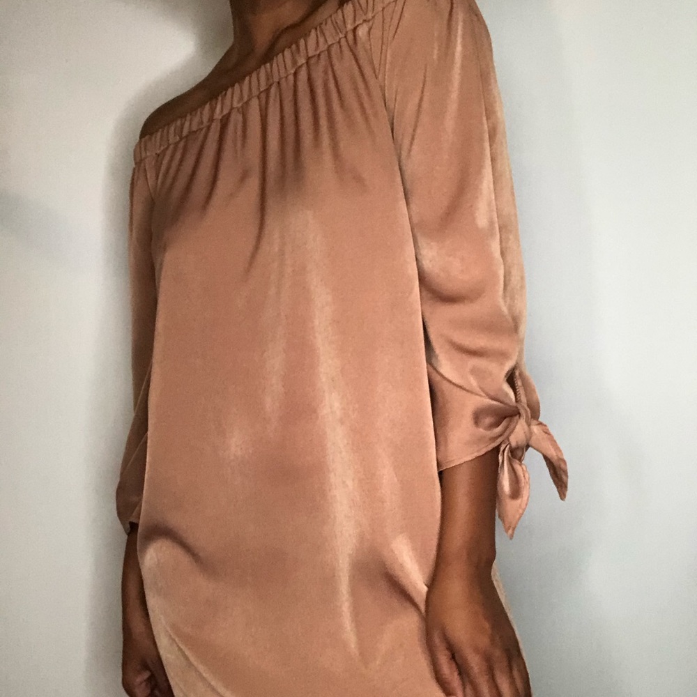 Off the shoulder bronze dress